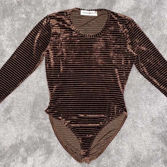M VTG Adam Pour Eve Paris Brown Velvet Sheer Mesh Striped Long Sleeve Bodysuit - Picture 5 of 12